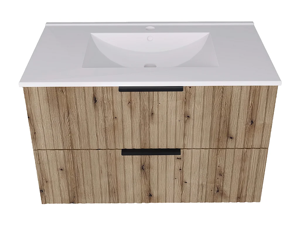 Mueble de baño suspendido 80 cm con lavabo - frente acanalado - roble Evoke - 2 cajones - TIBU