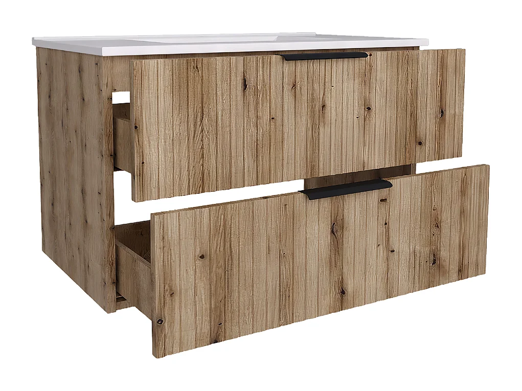 Mueble de baño suspendido 80 cm con lavabo - frente acanalado - roble Evoke - 2 cajones - TIBU