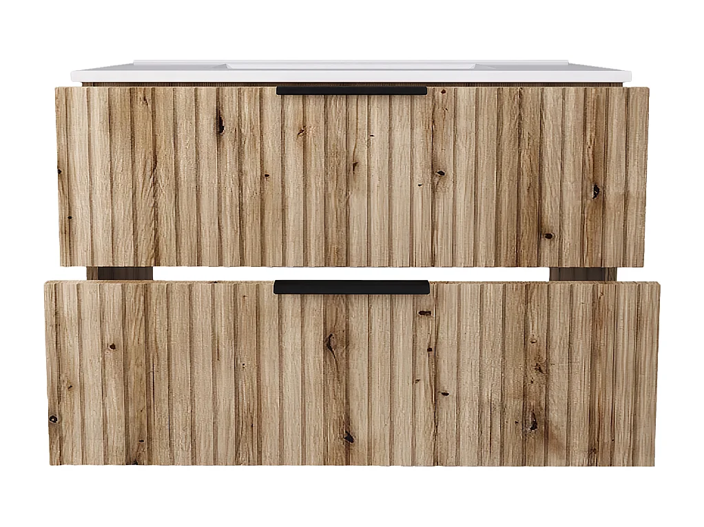 Mueble de baño suspendido 80 cm con lavabo - frente acanalado - roble Evoke - 2 cajones - TIBU