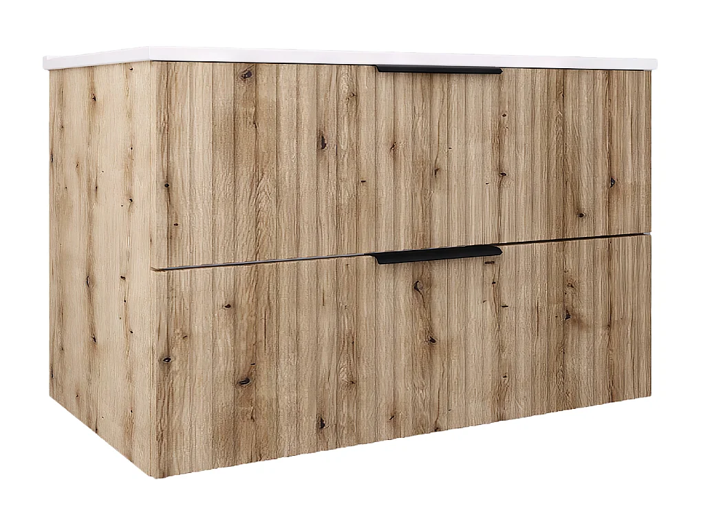 Mueble de baño suspendido 80 cm con lavabo - frente acanalado - roble Evoke - 2 cajones - TIBU