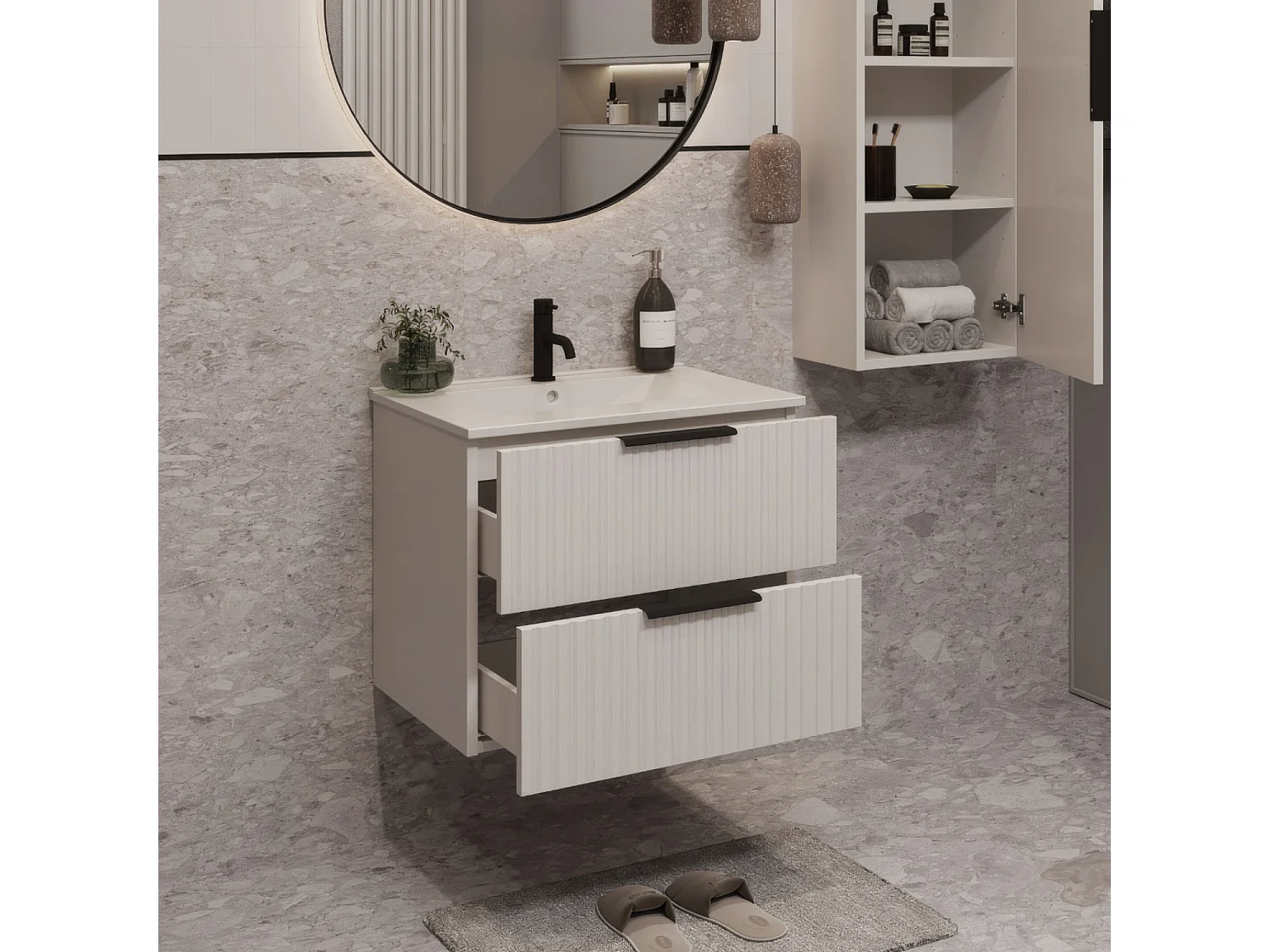Meuble de salle de bain suspendu 60 cm avec lavabo - façade rainurée - blanc mat - 2 tiroirs - TIBU