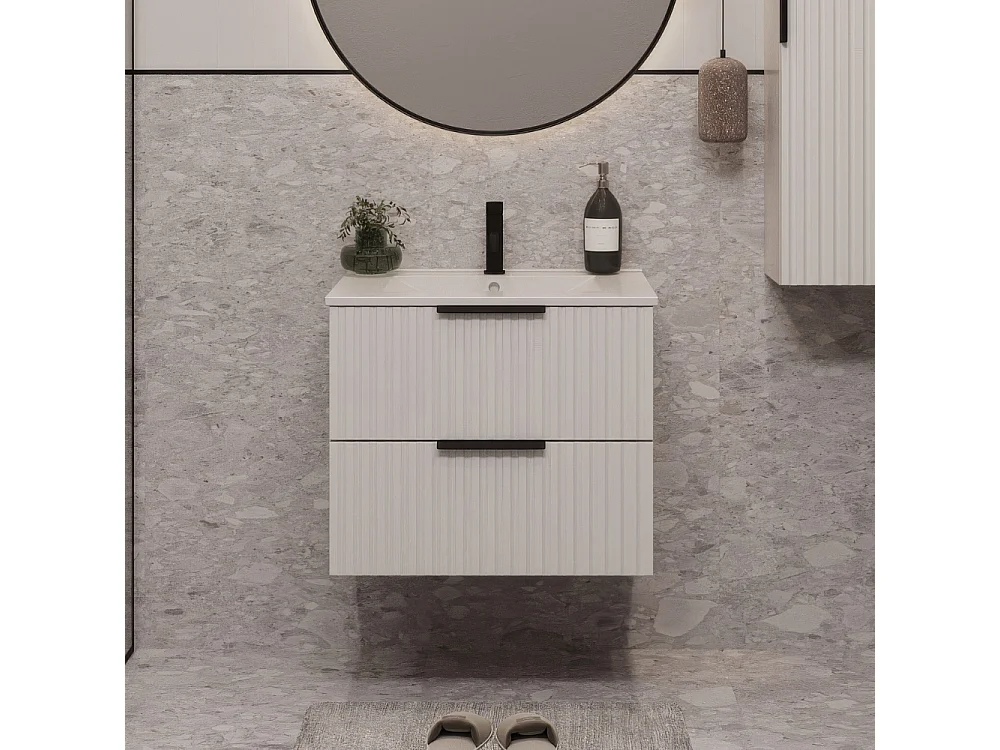 Meuble de salle de bain suspendu 60 cm avec lavabo - façade rainurée - blanc mat - 2 tiroirs - TIBU