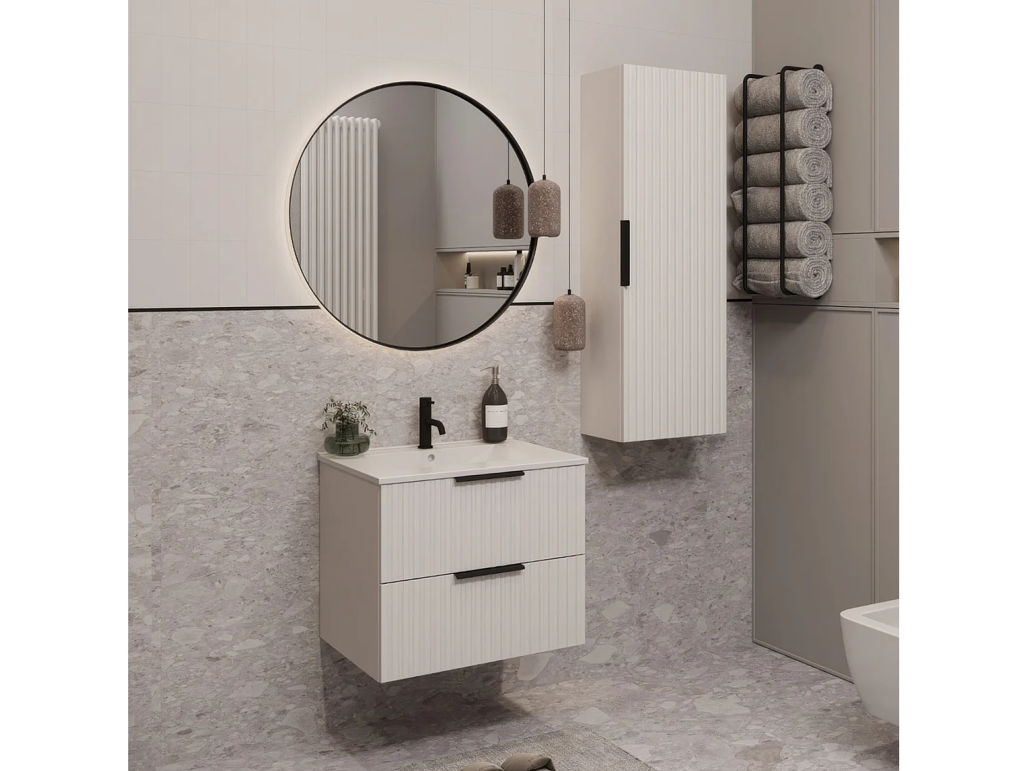 Meuble de salle de bain suspendu 60 cm avec lavabo - façade rainurée - blanc mat - 2 tiroirs - TIBU