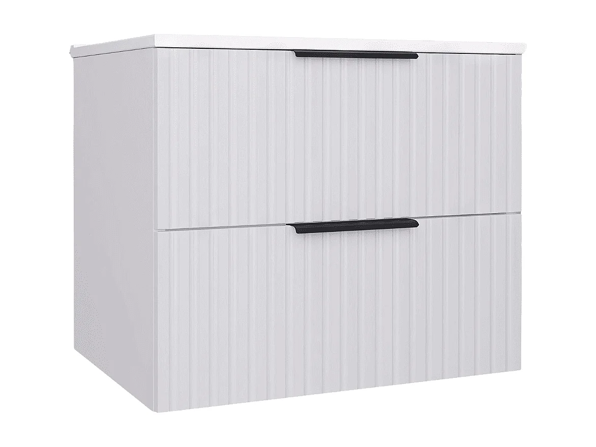 Meuble de salle de bain suspendu 60 cm avec lavabo - façade rainurée - blanc mat - 2 tiroirs - TIBU