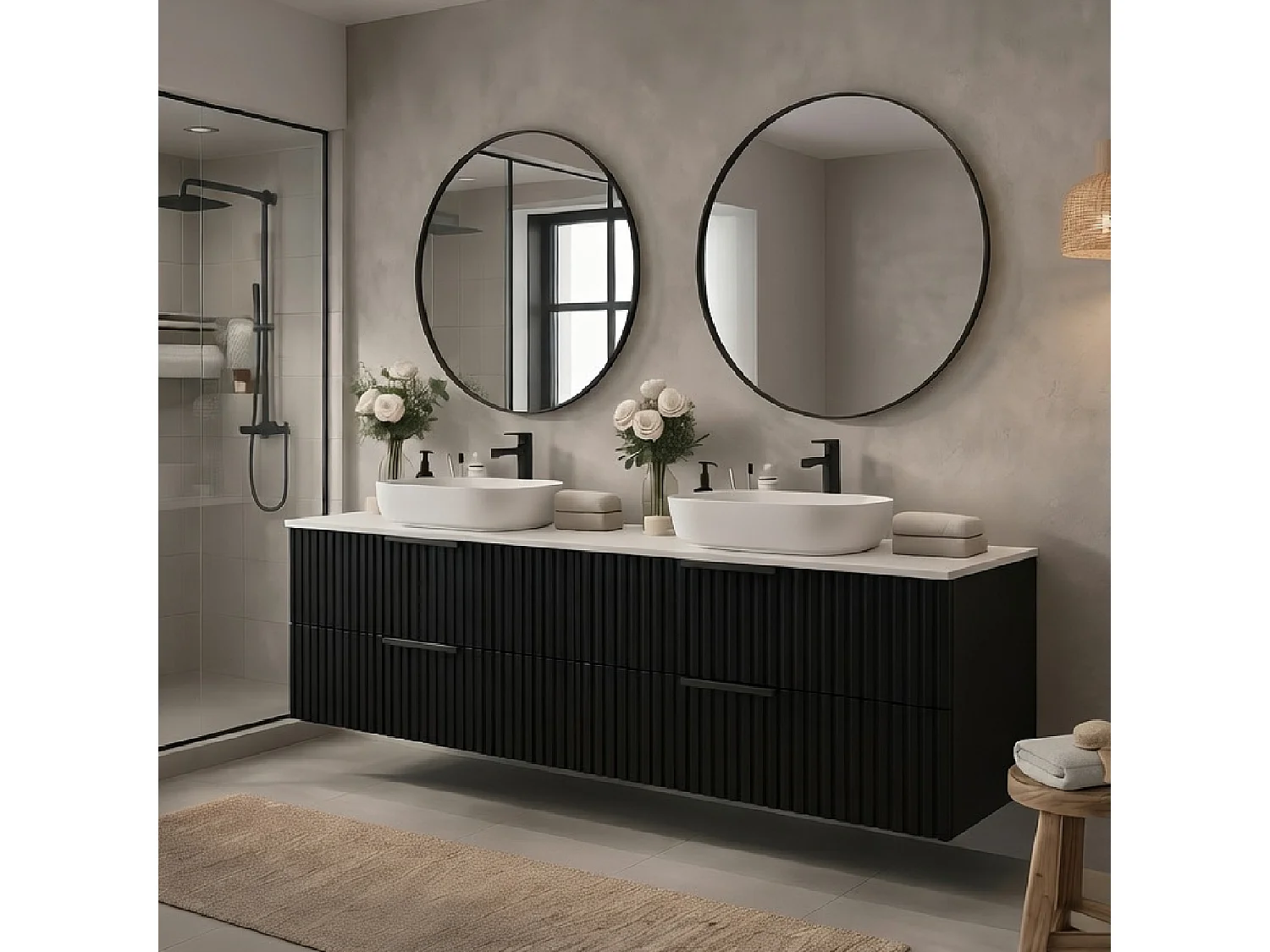 Meuble de salle de bain suspendu 120 cm avec lavabo - façade rainurée - noir mat - 4 tiroirs - TIBU