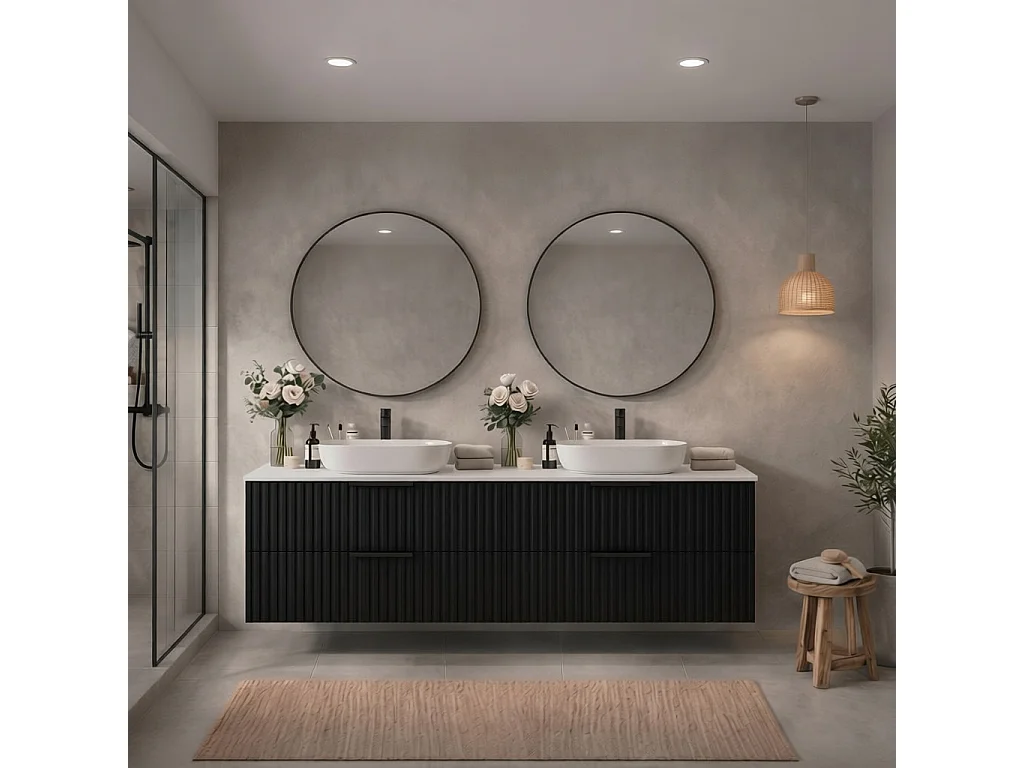 Meuble de salle de bain suspendu 120 cm avec lavabo - façade rainurée - noir mat - 4 tiroirs - TIBU