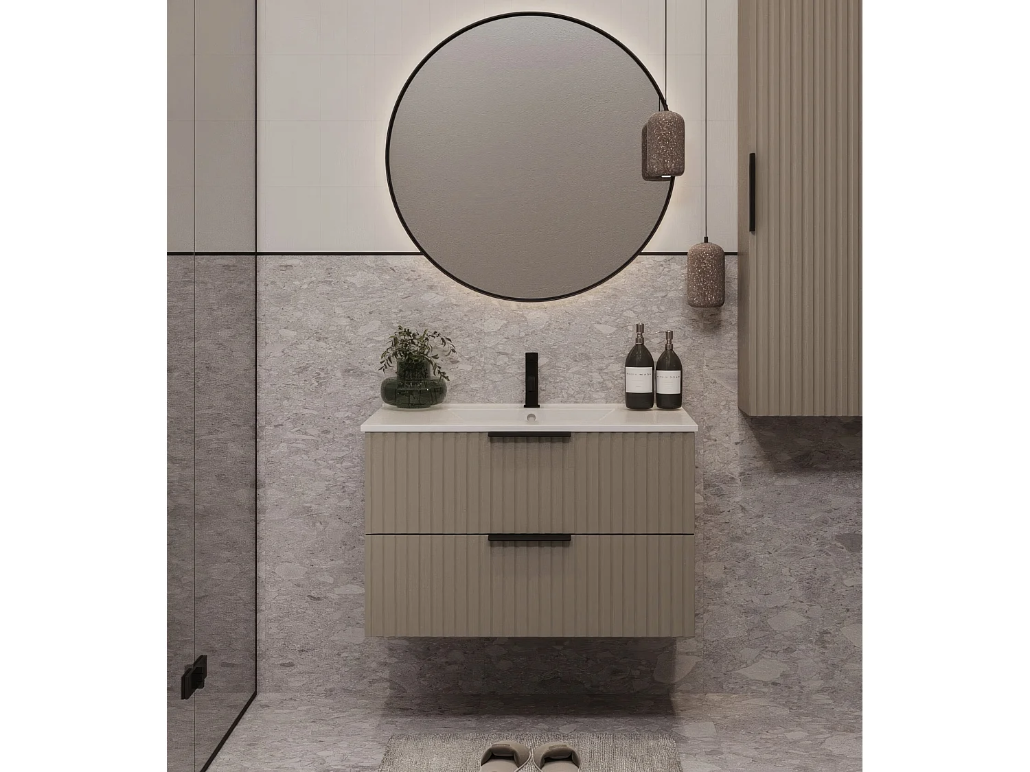 Mueble de baño suspendido 80 cm con lavabo - frente acanalado - color cachemir - 2 cajones - TIBU