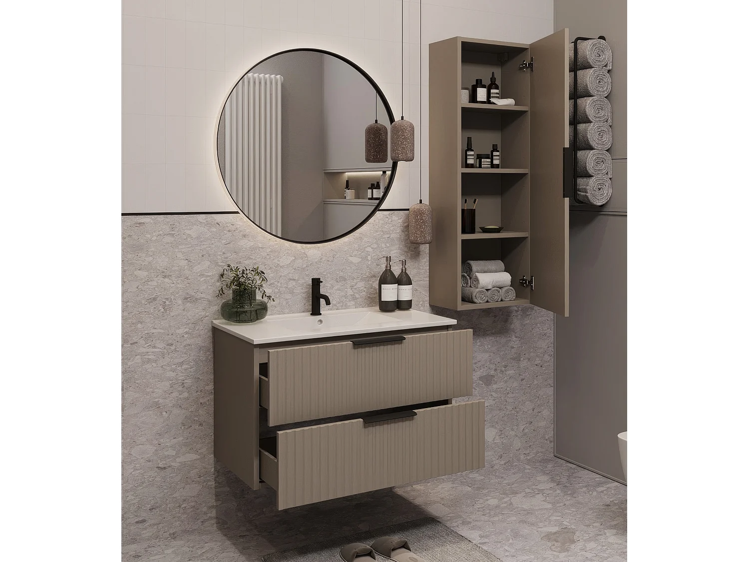 Mueble de baño suspendido 80 cm con lavabo - frente acanalado - color cachemir - 2 cajones - TIBU