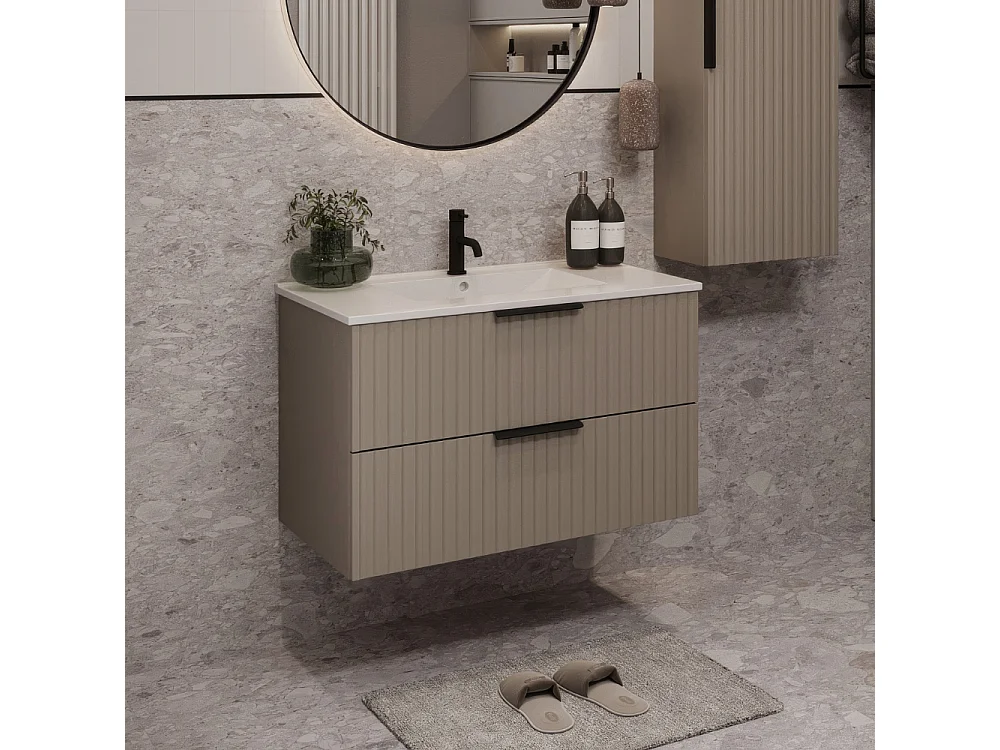 Mueble de baño suspendido 80 cm con lavabo - frente acanalado - color cachemir - 2 cajones - TIBU