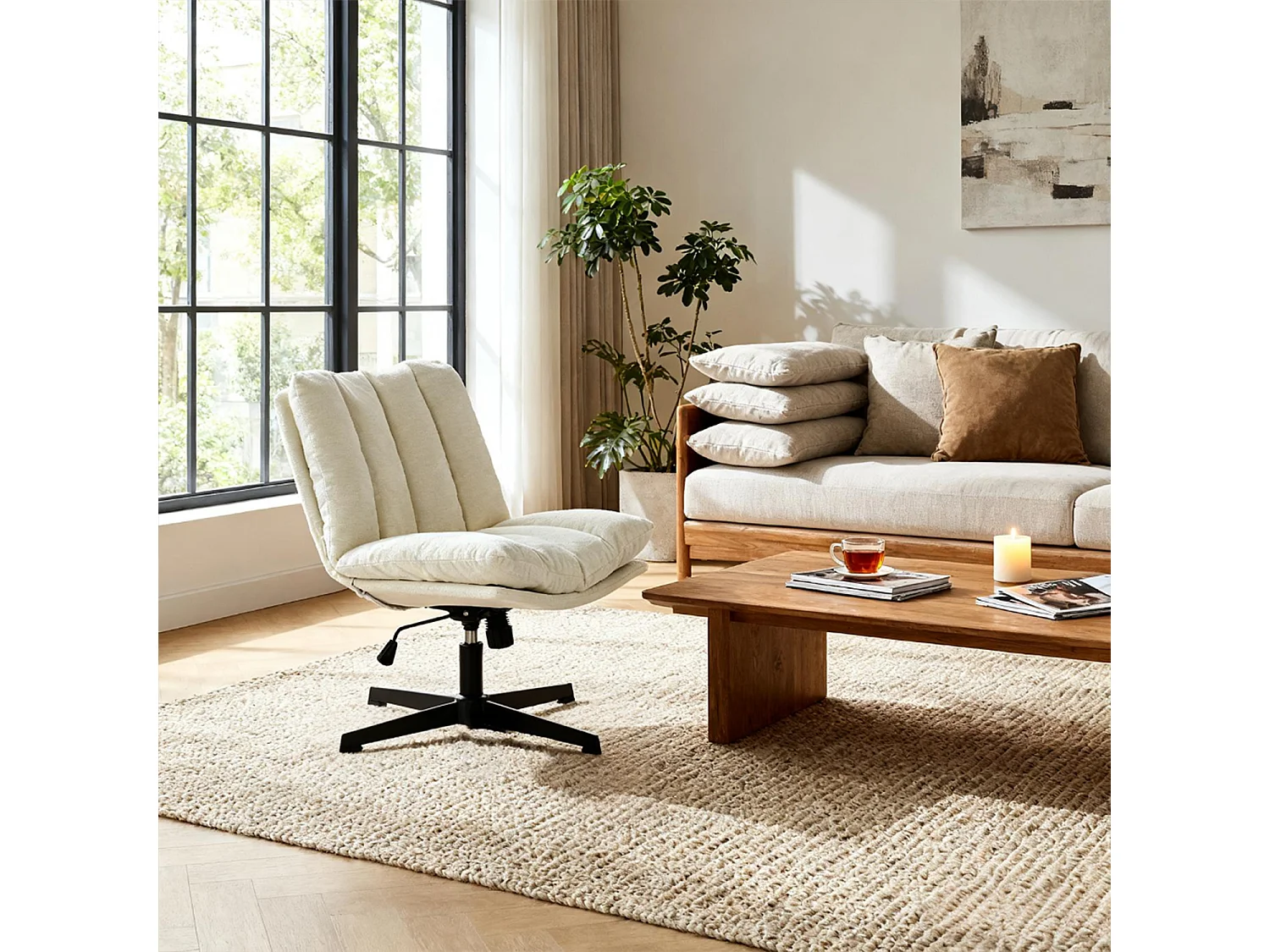 Fauteuil relax réglable et rotatif en tissu chenille beige, CONFOD