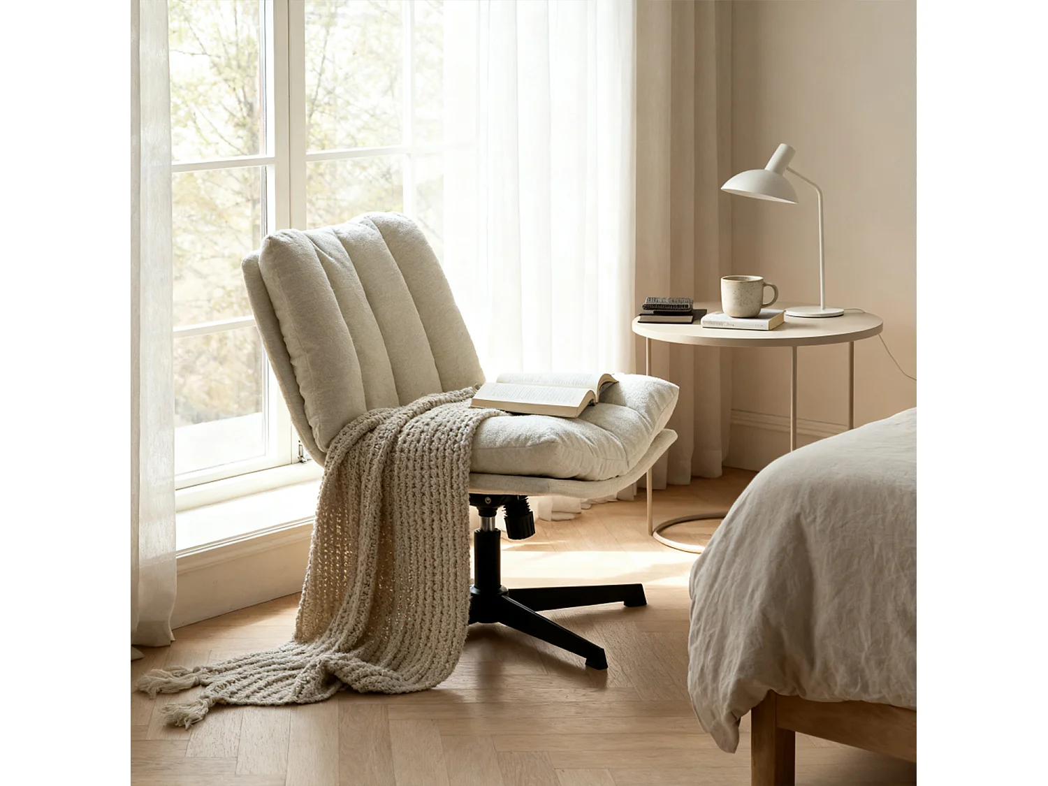 Fauteuil relax réglable et rotatif en tissu chenille beige, CONFOD