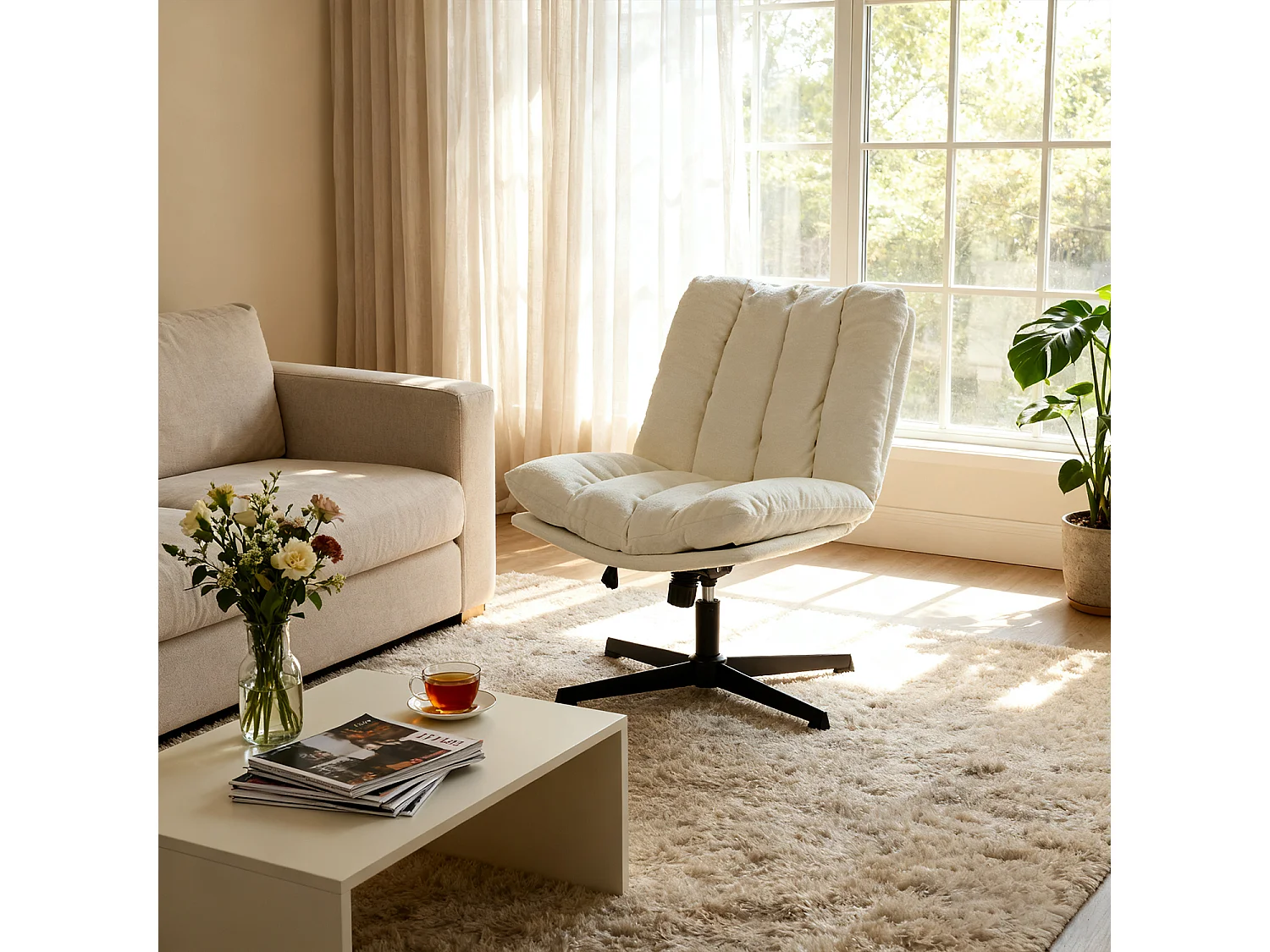 Fauteuil relax réglable et rotatif en tissu chenille beige, CONFOD