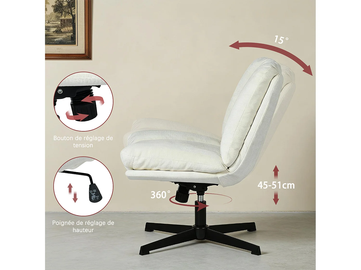 Fauteuil relax réglable et rotatif en tissu chenille beige, CONFOD