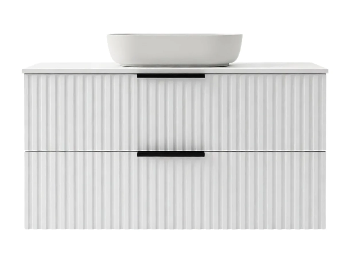 Meuble de salle de bain suspendu 80 cm avec lavabo - façade rainurée - blanc mat - 2 tiroirs - TIBU
