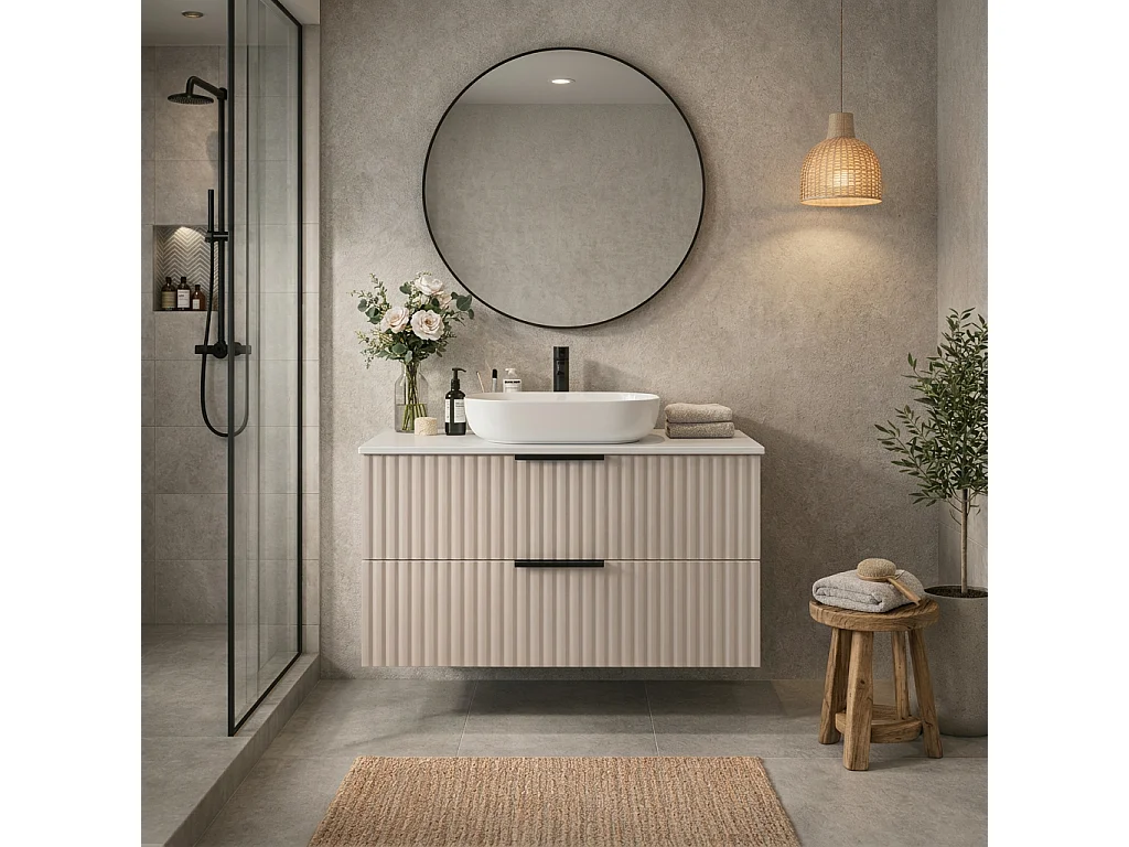 Szafka łazienkowa wisząca 60 cm z umywalką - ryflowany front - kaszmir - 2 szuflady - TIBU