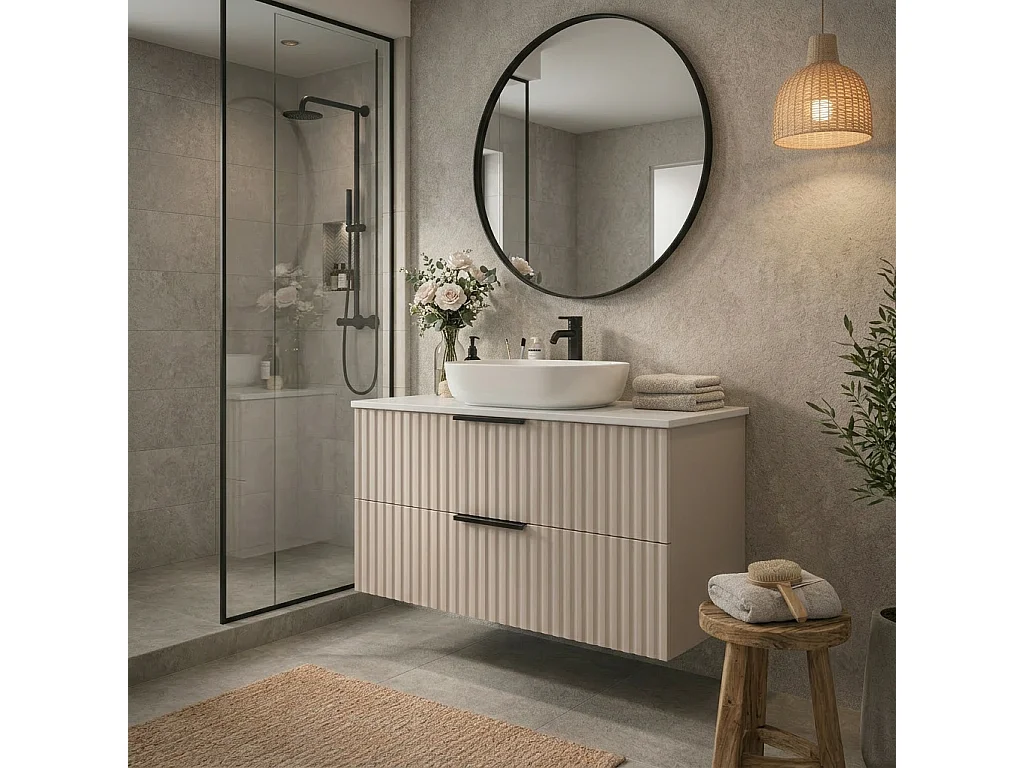 Szafka łazienkowa wisząca 60 cm z umywalką - ryflowany front - kaszmir - 2 szuflady - TIBU