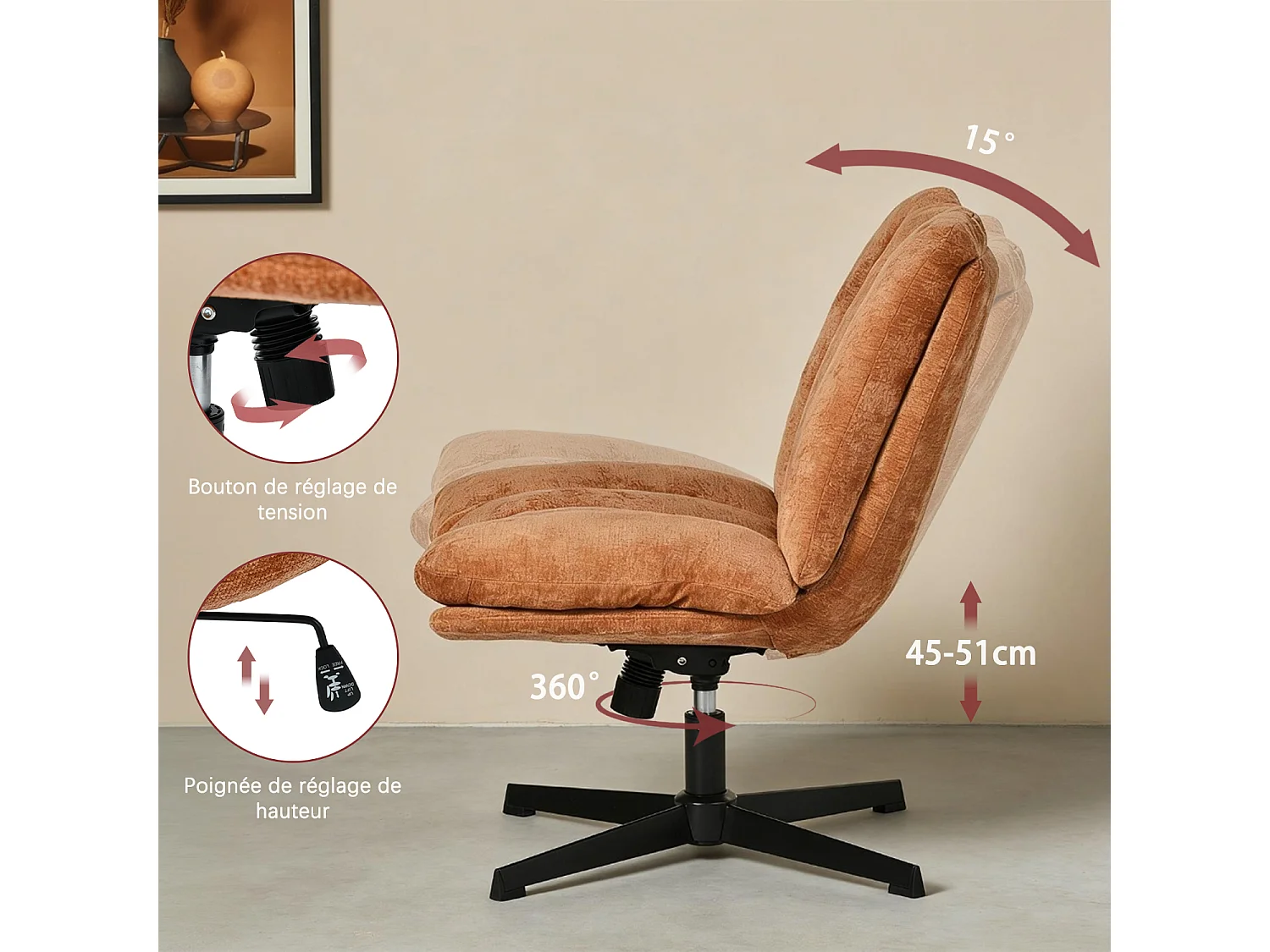 Fauteuil relax réglable et rotatif en tissu chenille rouge, CONFOD