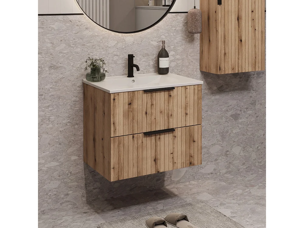 Mueble de baño suspendido 60 cm con lavabo - frente acanalado - roble Evoke - 2 cajones - TIBU