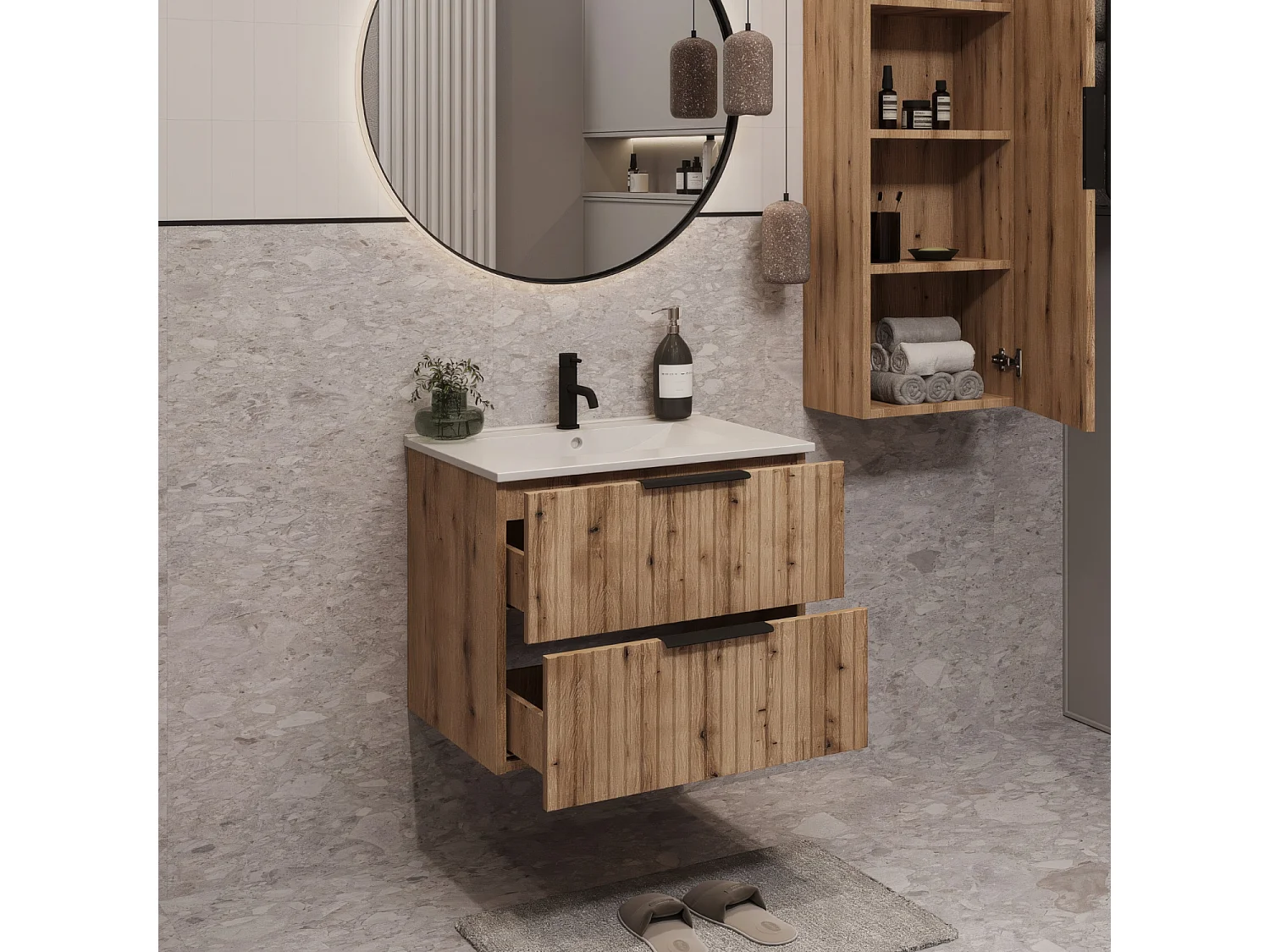 Mueble de baño suspendido 60 cm con lavabo - frente acanalado - roble Evoke - 2 cajones - TIBU