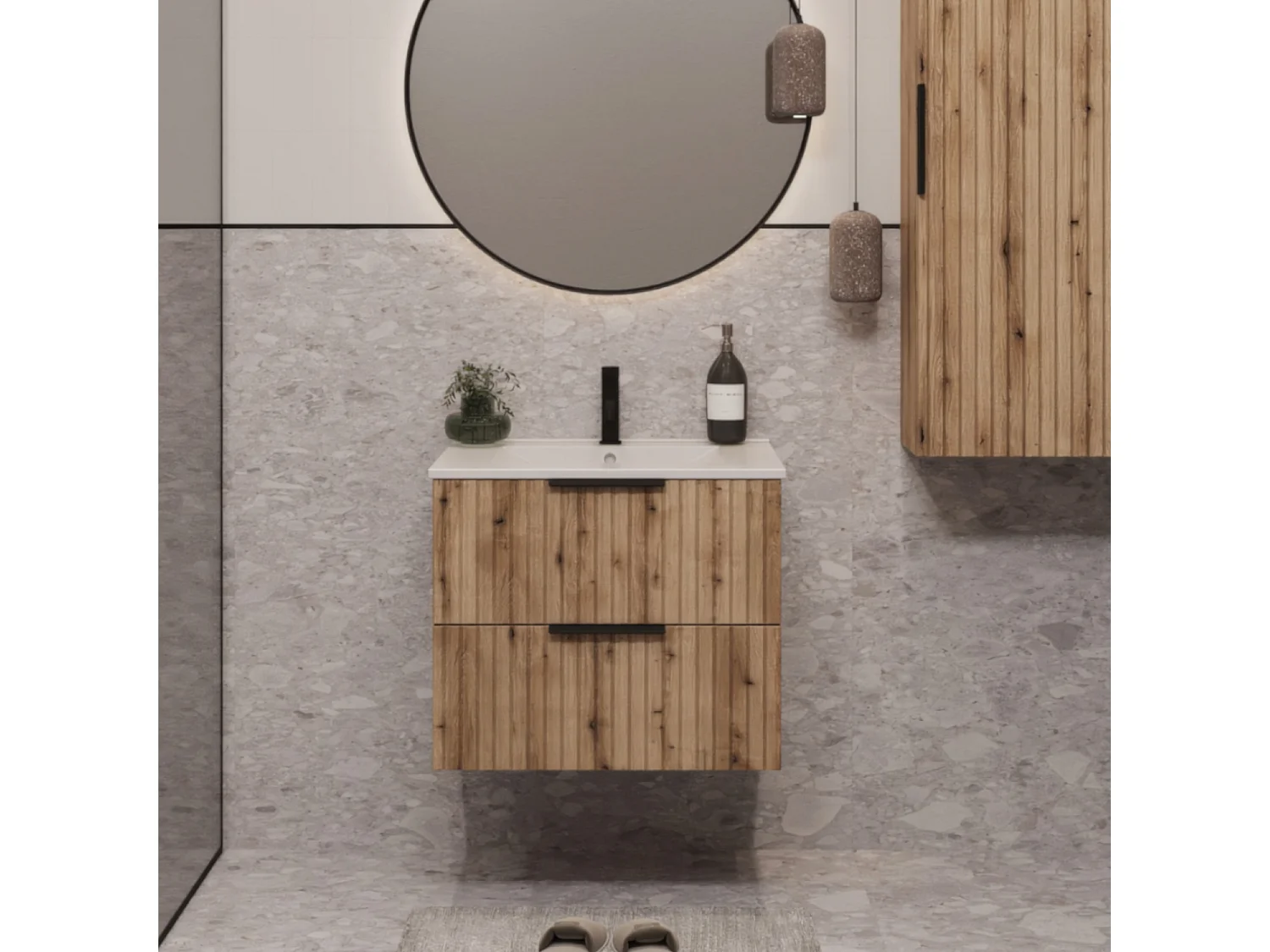 Mueble de baño suspendido 60 cm con lavabo - frente acanalado - roble Evoke - 2 cajones - TIBU
