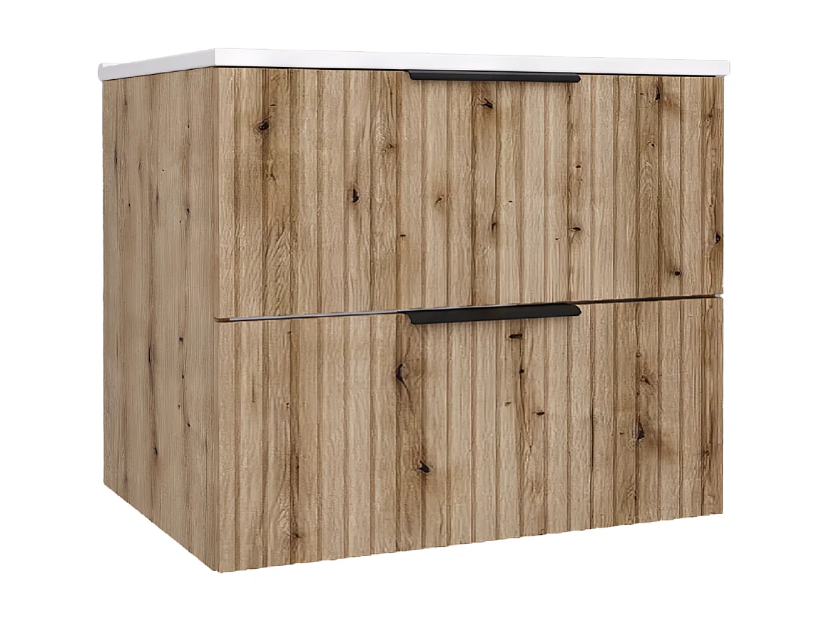 Mueble de baño suspendido 60 cm con lavabo - frente acanalado - roble Evoke - 2 cajones - TIBU