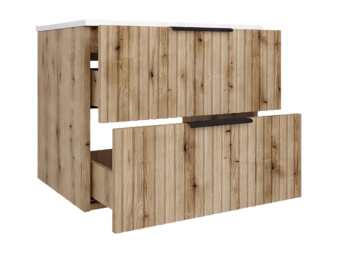 Mueble de baño suspendido 60 cm con lavabo - frente acanalado - roble Evoke - 2 cajones - TIBU