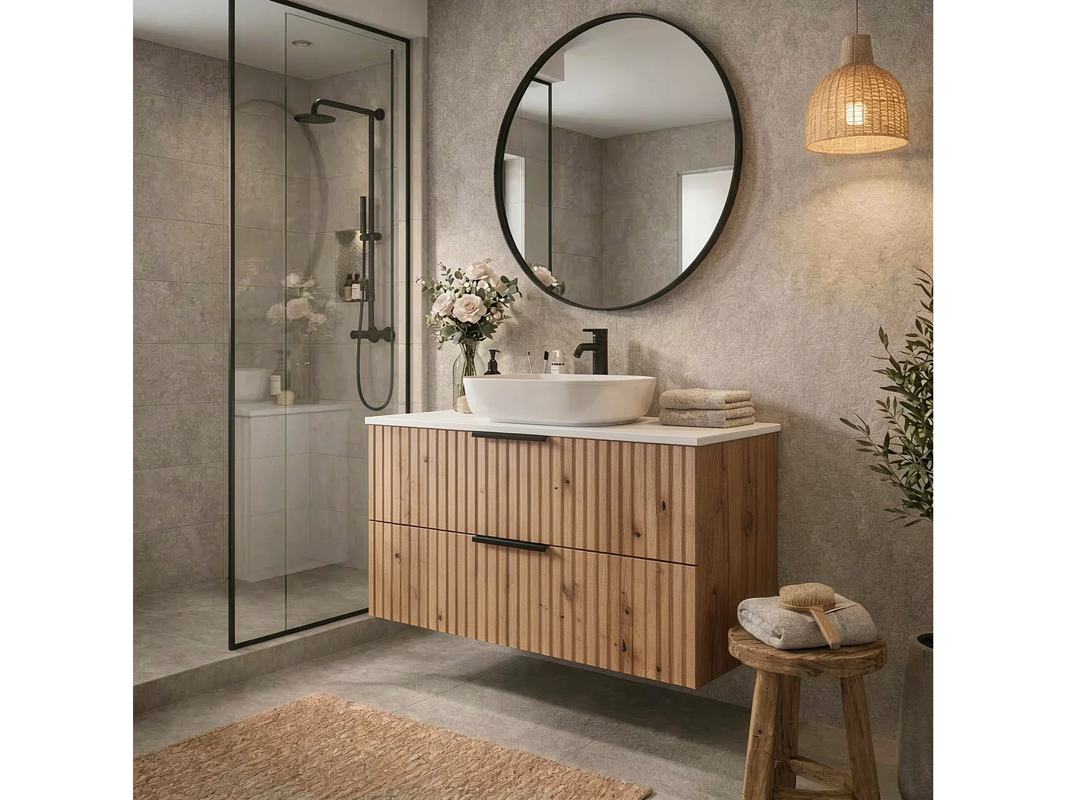 Meuble de salle de bain suspendu 80 cm avec lavabo - façade rainurée - chêne Evoke - 2 tiroirs - TIBU