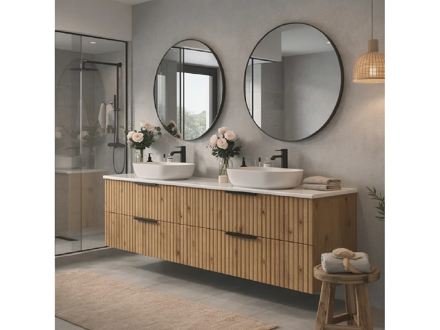 Meuble de salle de bain suspendu 120 cm avec lavabo - façade rainurée - chêne Evoke - 4 tiroirs - TIBU