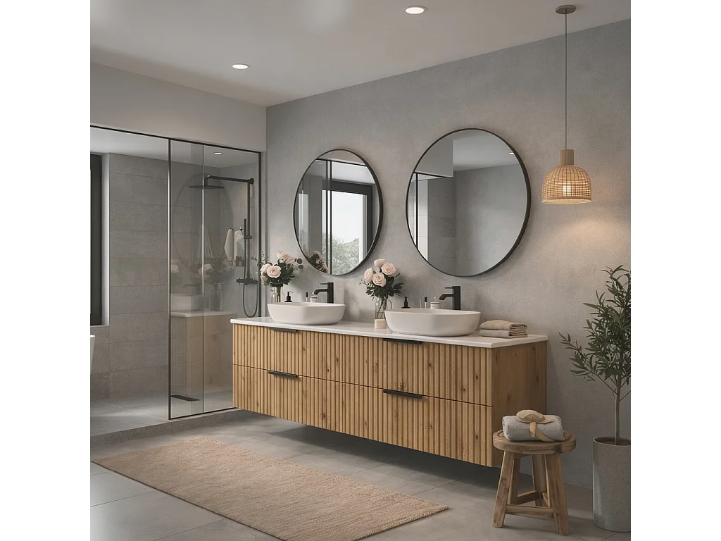 Meuble de salle de bain suspendu 120 cm avec lavabo - façade rainurée - chêne Evoke - 4 tiroirs - TIBU