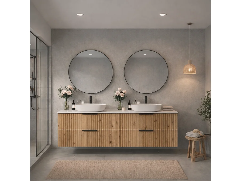 Meuble de salle de bain suspendu 120 cm avec lavabo - façade rainurée - chêne Evoke - 4 tiroirs - TIBU
