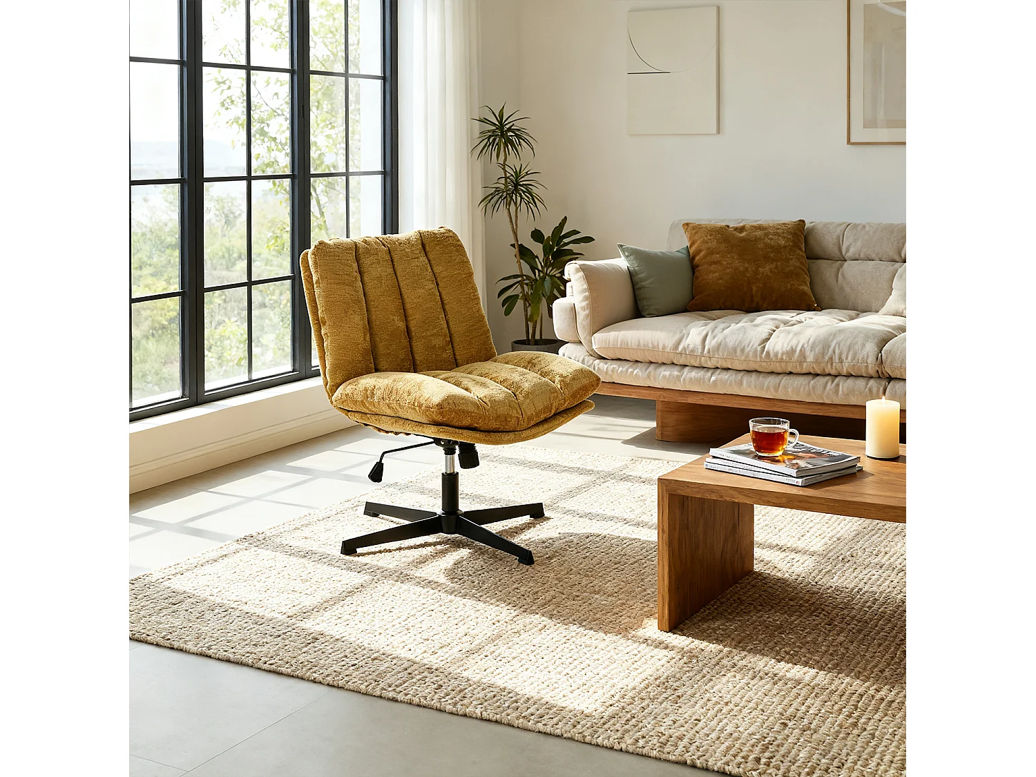 Fauteuil relax réglable et rotatif en tissu chenille jaune, CONFOD