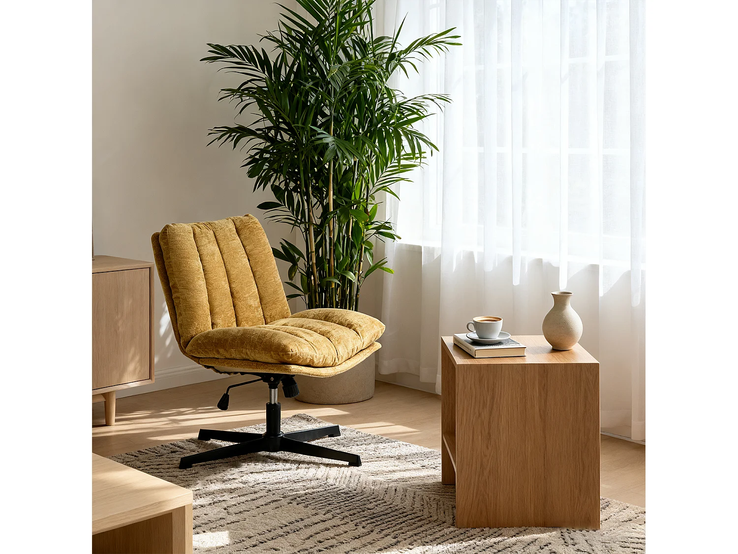 Fauteuil relax réglable et rotatif en tissu chenille jaune, CONFOD