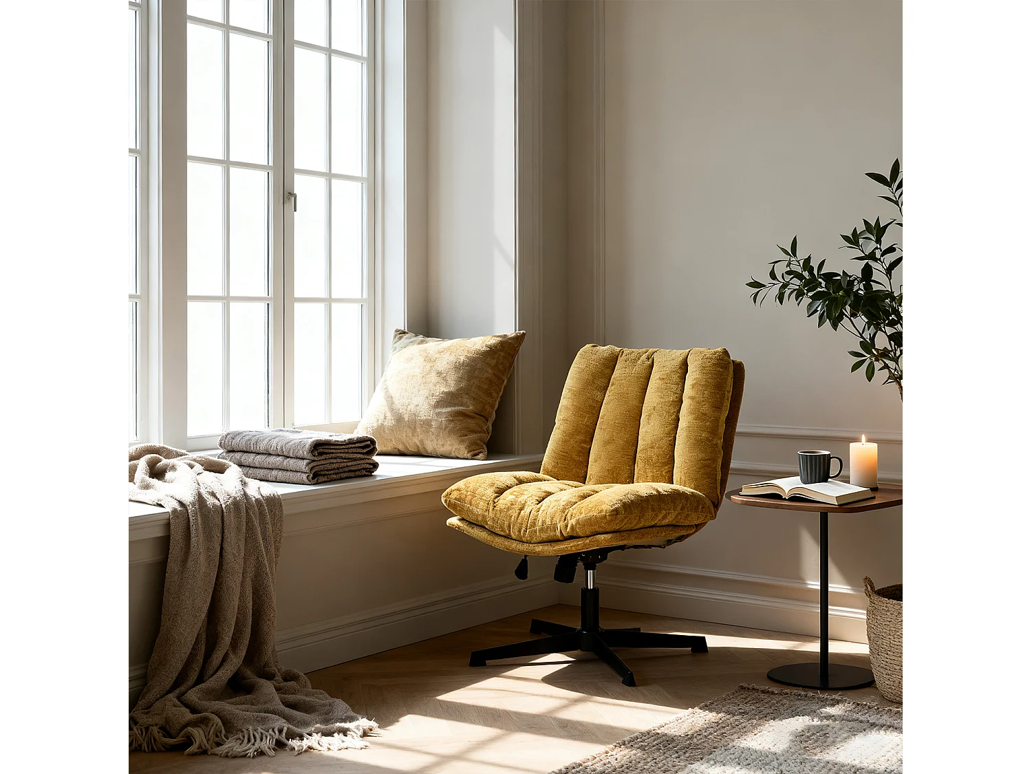 Fauteuil relax réglable et rotatif en tissu chenille jaune, CONFOD