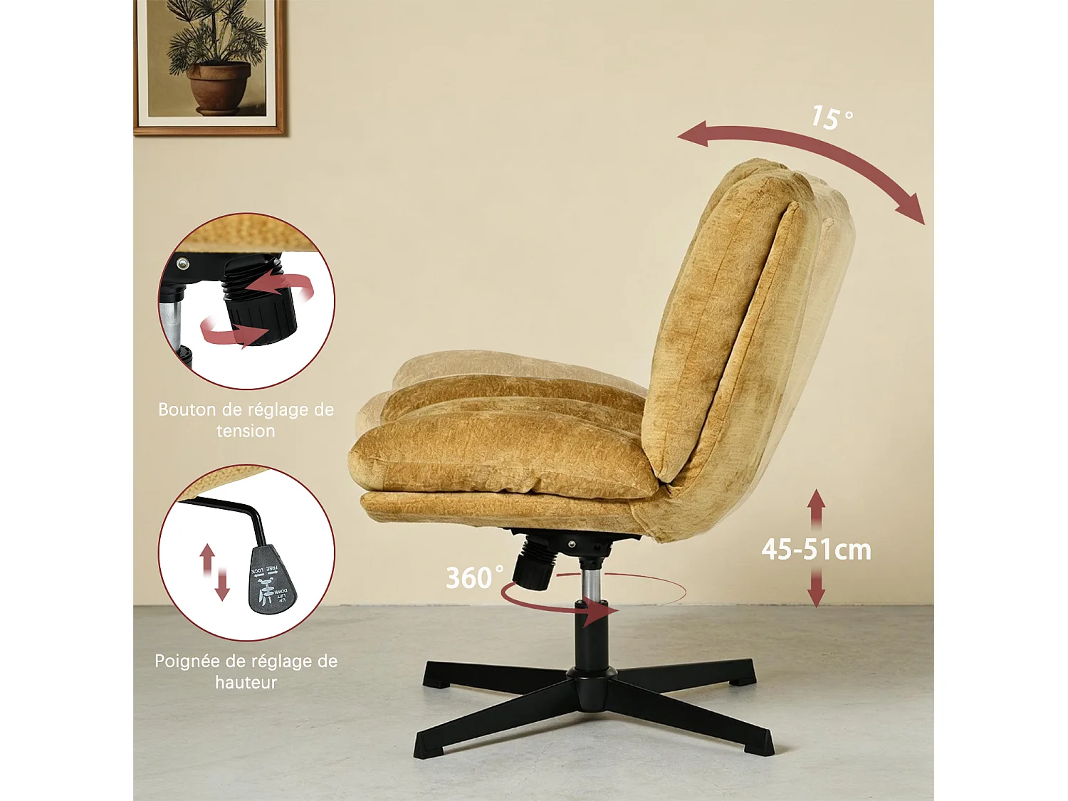 Fauteuil relax réglable et rotatif en tissu chenille jaune, CONFOD