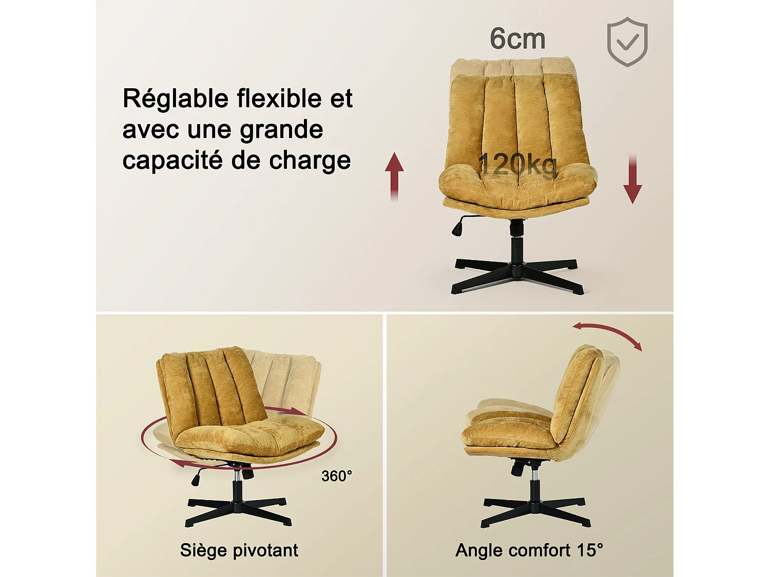 Fauteuil relax réglable et rotatif en tissu chenille jaune, CONFOD