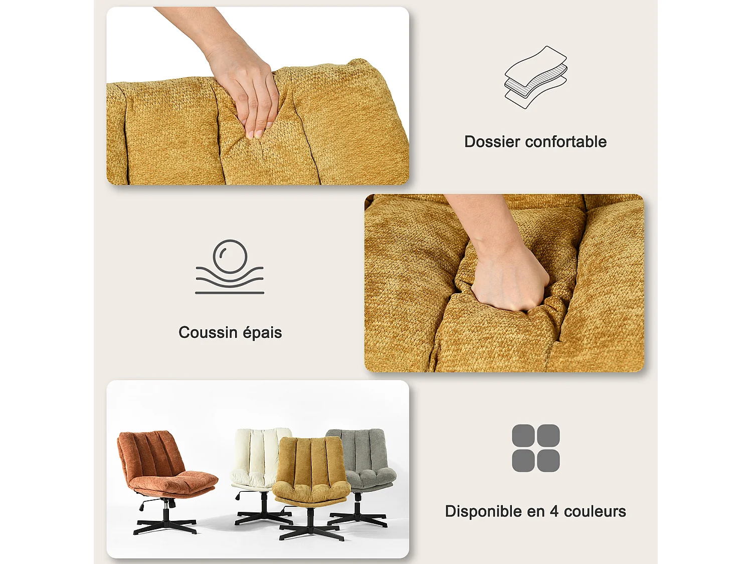 Fauteuil relax réglable et rotatif en tissu chenille jaune, CONFOD