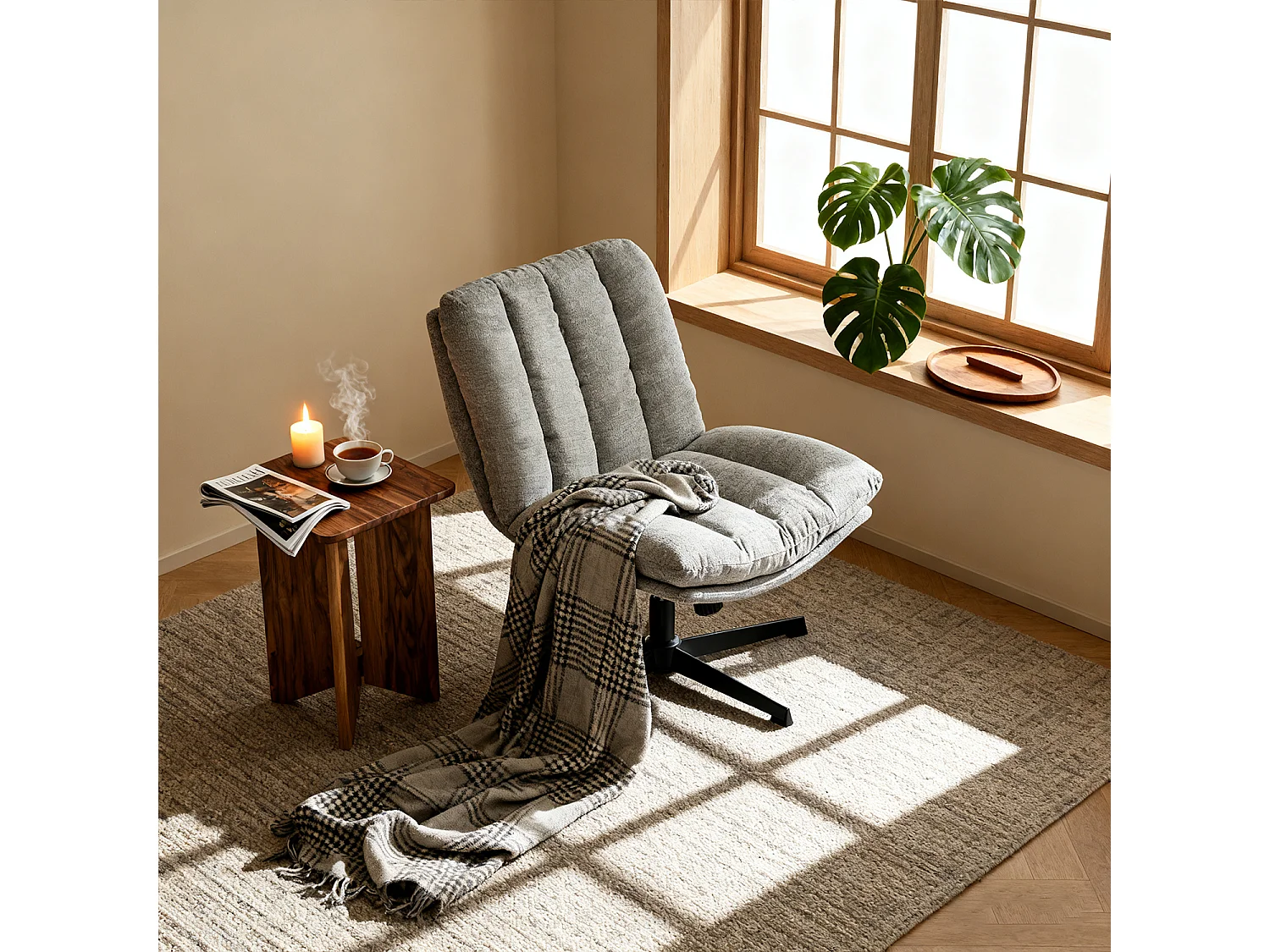 Fauteuil relax réglable et rotatif en tissu chenille gris clair, CONFOD