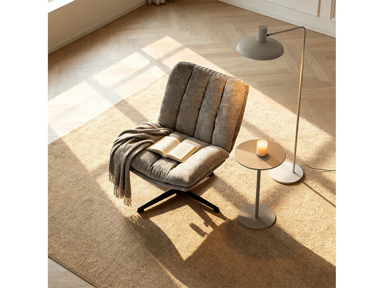 Fauteuil relax réglable et rotatif en tissu chenille gris clair, CONFOD