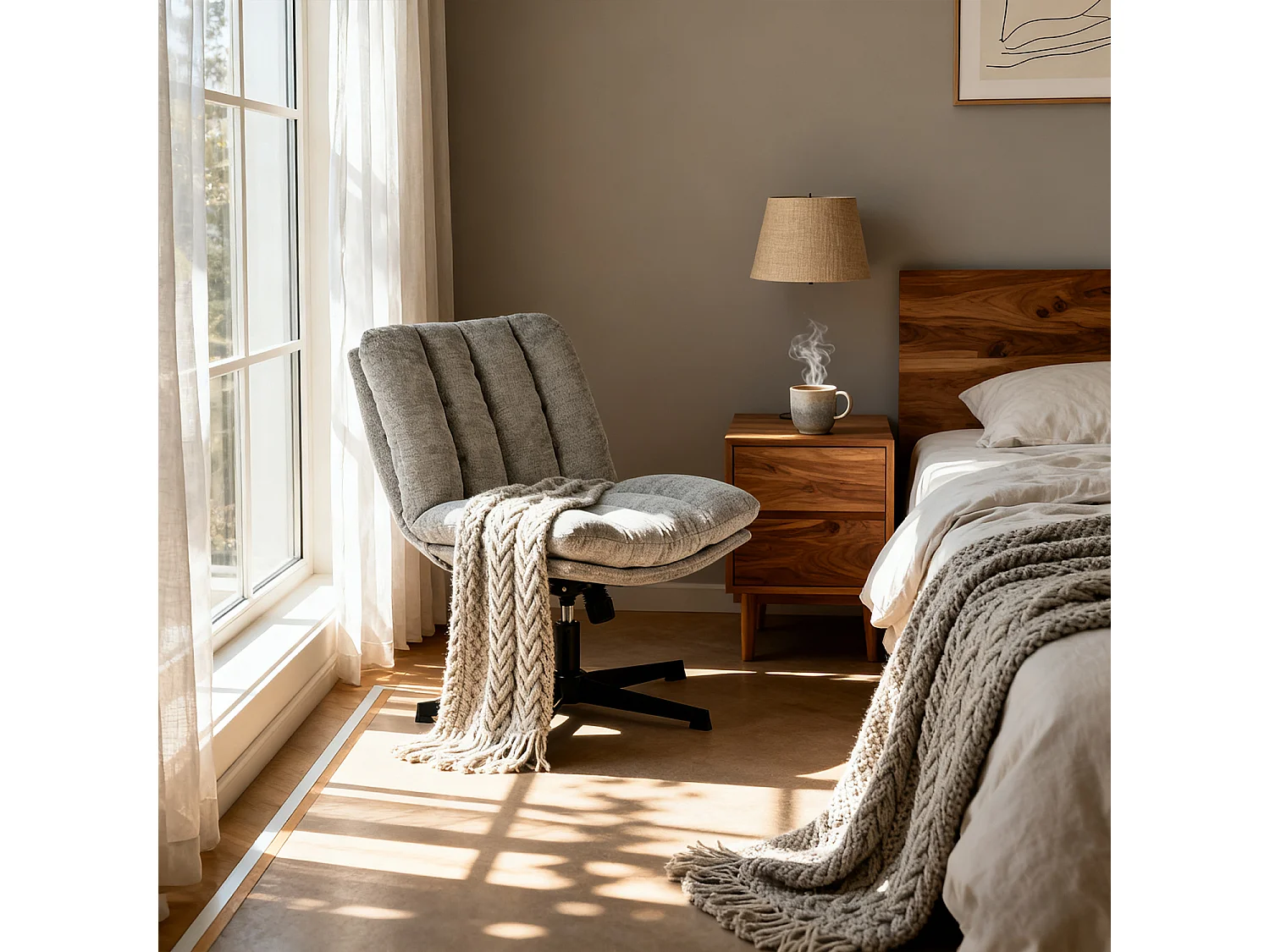 Fauteuil relax réglable et rotatif en tissu chenille gris clair, CONFOD