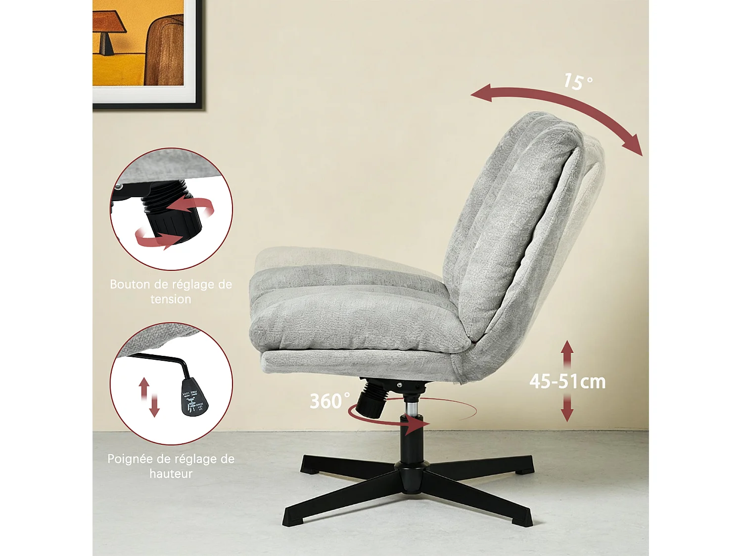Fauteuil relax réglable et rotatif en tissu chenille gris clair, CONFOD