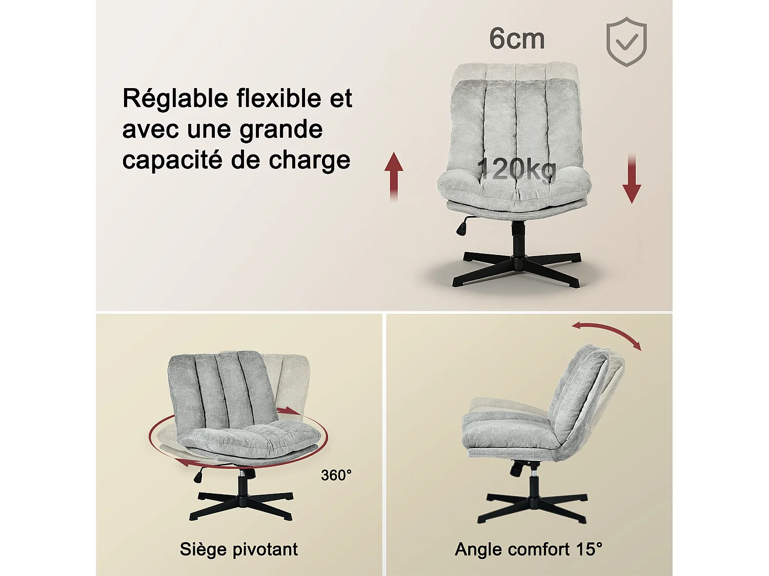 Fauteuil relax réglable et rotatif en tissu chenille gris clair, CONFOD