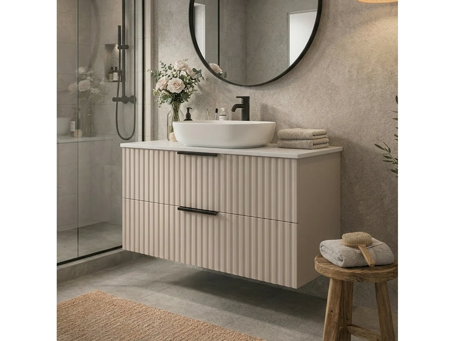 Meuble de salle de bain suspendu 80 cm avec lavabo - façade rainurée - couleur cachemire - 2 tiroirs - TIBU