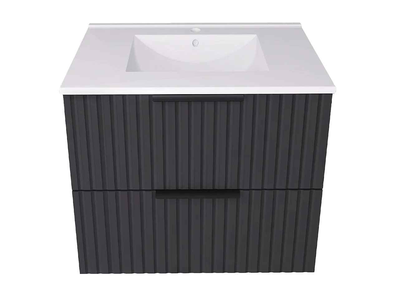 Hangend badkamermeubel 60 cm met wastafel - geribbeld front - mat zwart - 2 lades - TIBU