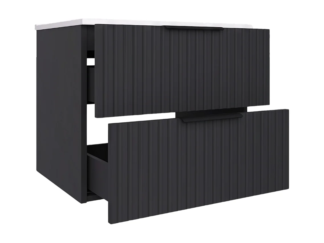 Hangend badkamermeubel 60 cm met wastafel - geribbeld front - mat zwart - 2 lades - TIBU