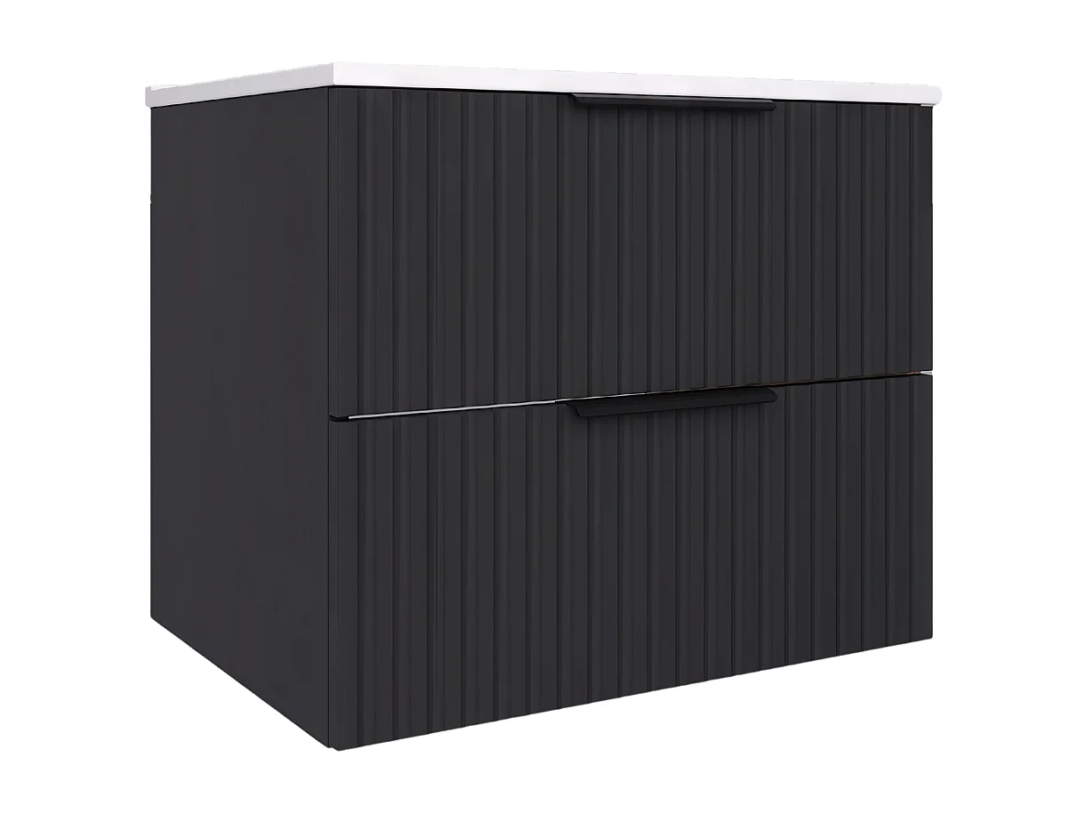 Hangend badkamermeubel 60 cm met wastafel - geribbeld front - mat zwart - 2 lades - TIBU