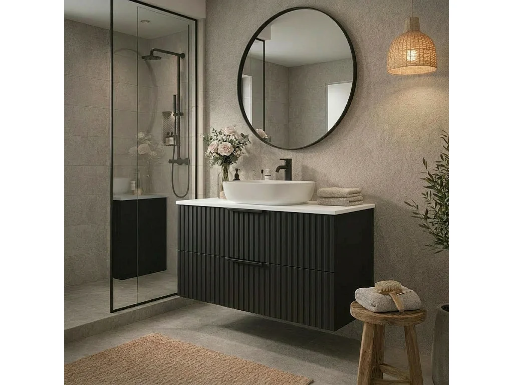 Meuble de salle de bain suspendu 60 cm avec lavabo - façade rainurée - noir mat - 2 tiroirs - TIBU