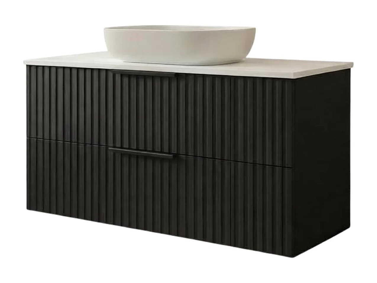 Meuble de salle de bain suspendu 60 cm avec lavabo - façade rainurée - noir mat - 2 tiroirs - TIBU