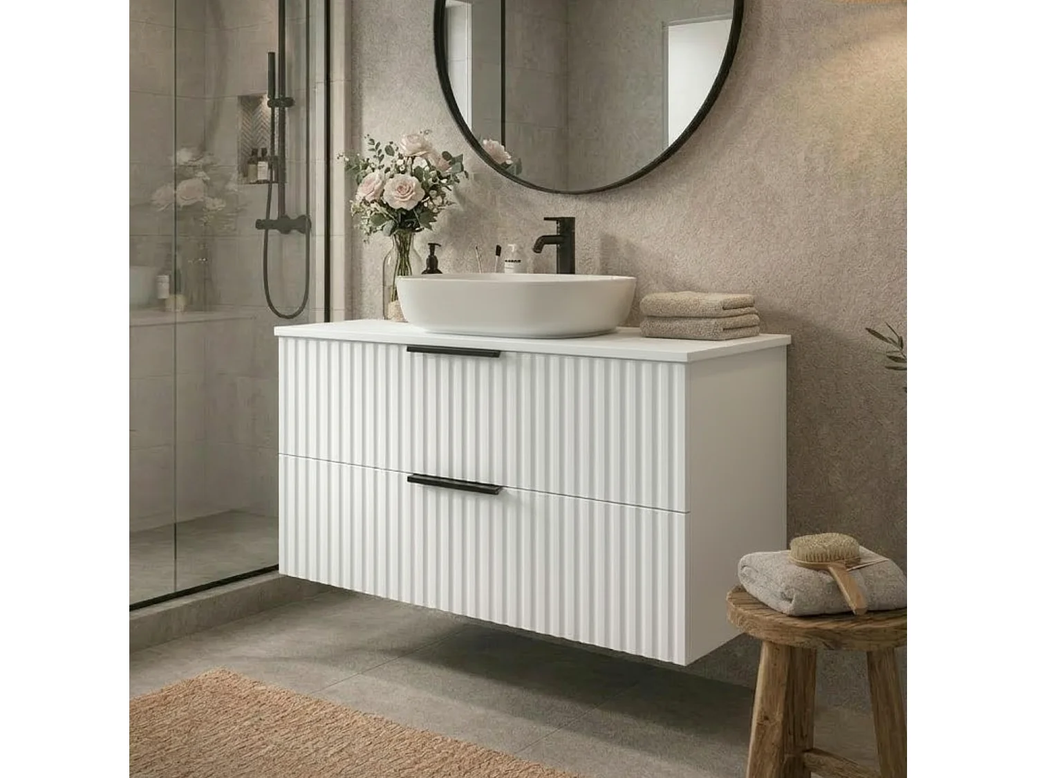 Meuble de salle de bain suspendu 60 cm avec lavabo - façade rainurée - blanc mat - 2 tiroirs - TIBU