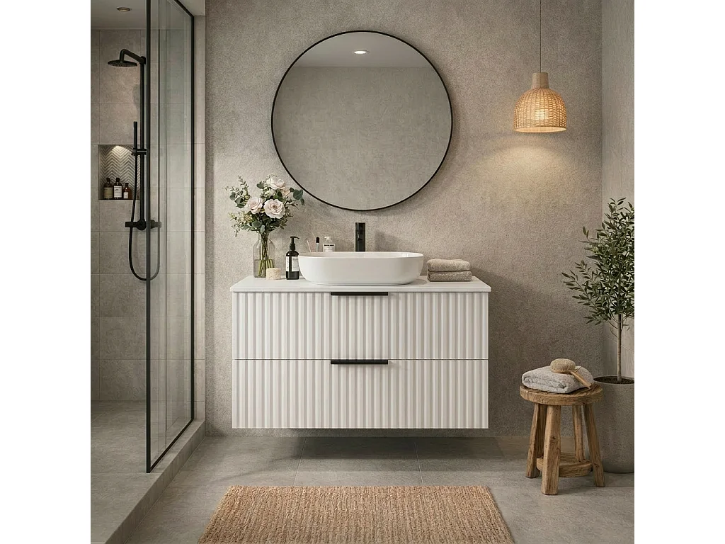 Meuble de salle de bain suspendu 60 cm avec lavabo - façade rainurée - blanc mat - 2 tiroirs - TIBU