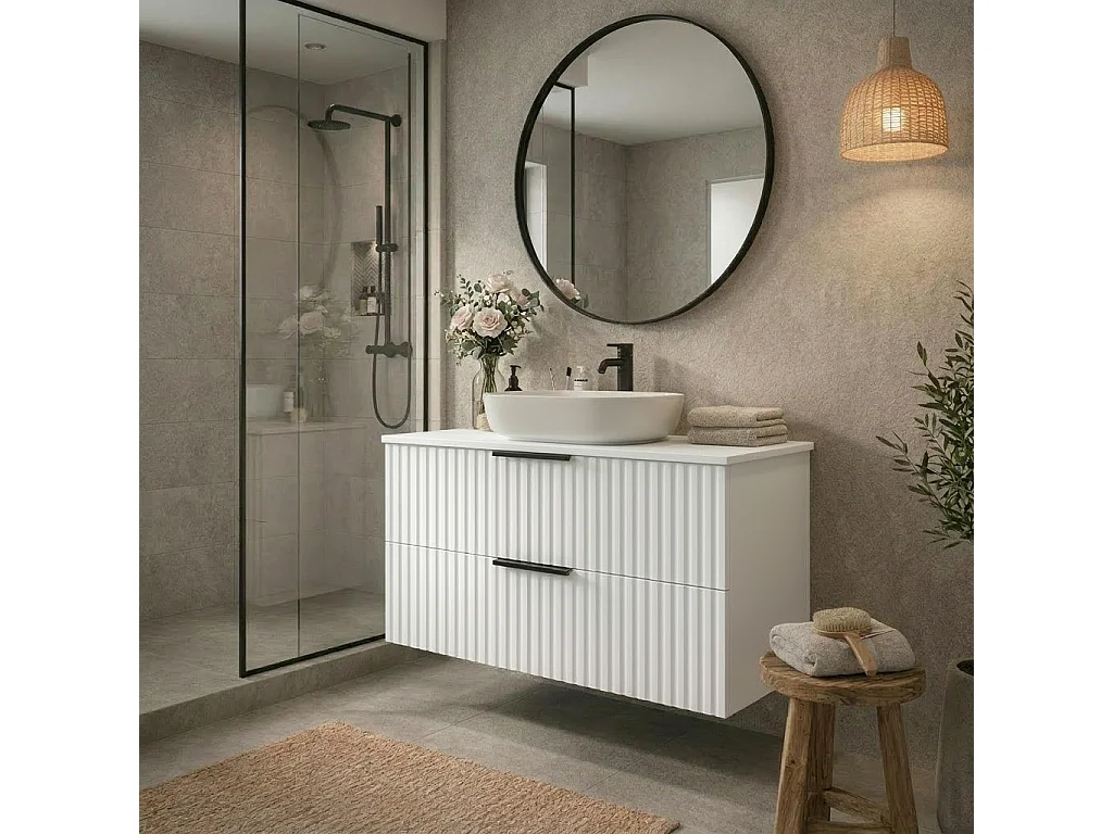 Meuble de salle de bain suspendu 60 cm avec lavabo - façade rainurée - blanc mat - 2 tiroirs - TIBU
